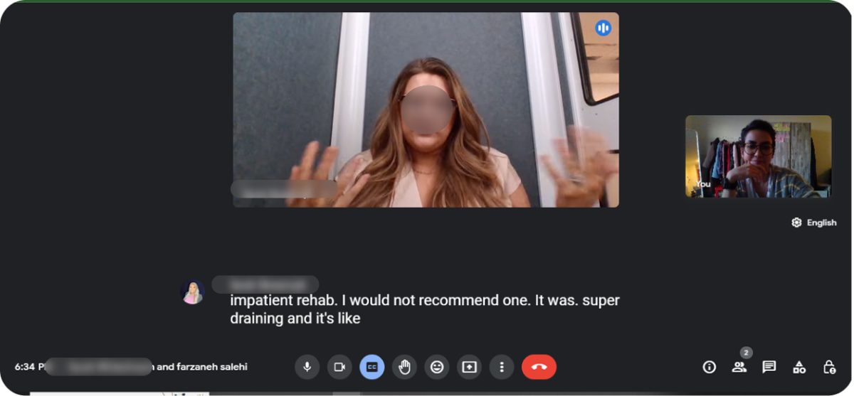 Remote interview session with live captions; the participant is anonymised