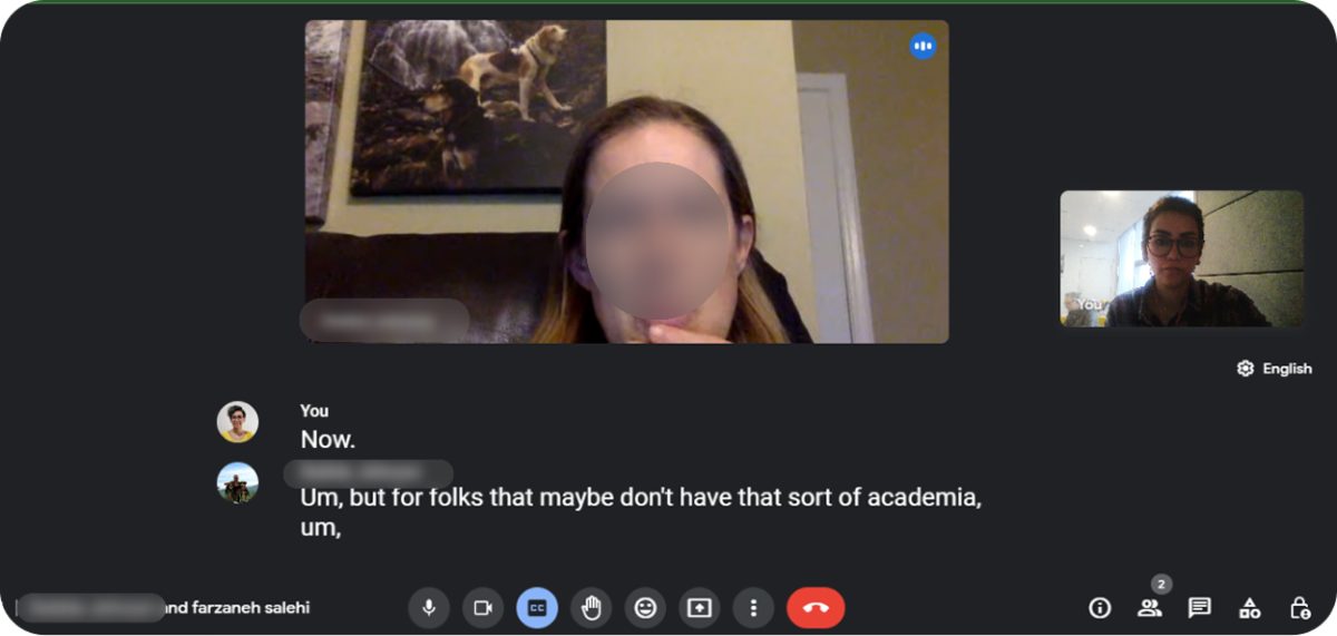 A second remote interview session with live captions; the participant is anonymised