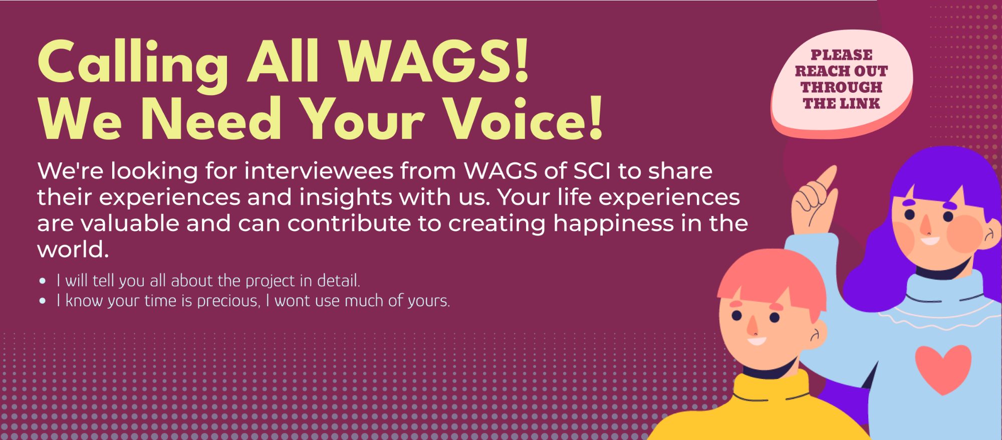 Recruitment banner: Calling all WAGS, we need your voice