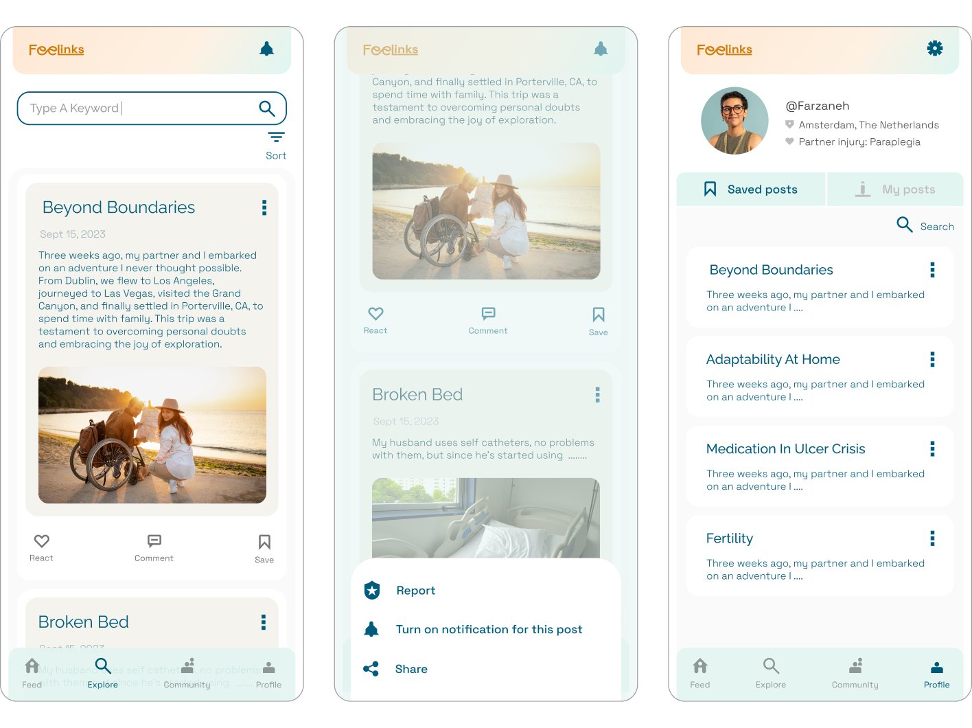 High-fidelity feed, post detail and profile screens